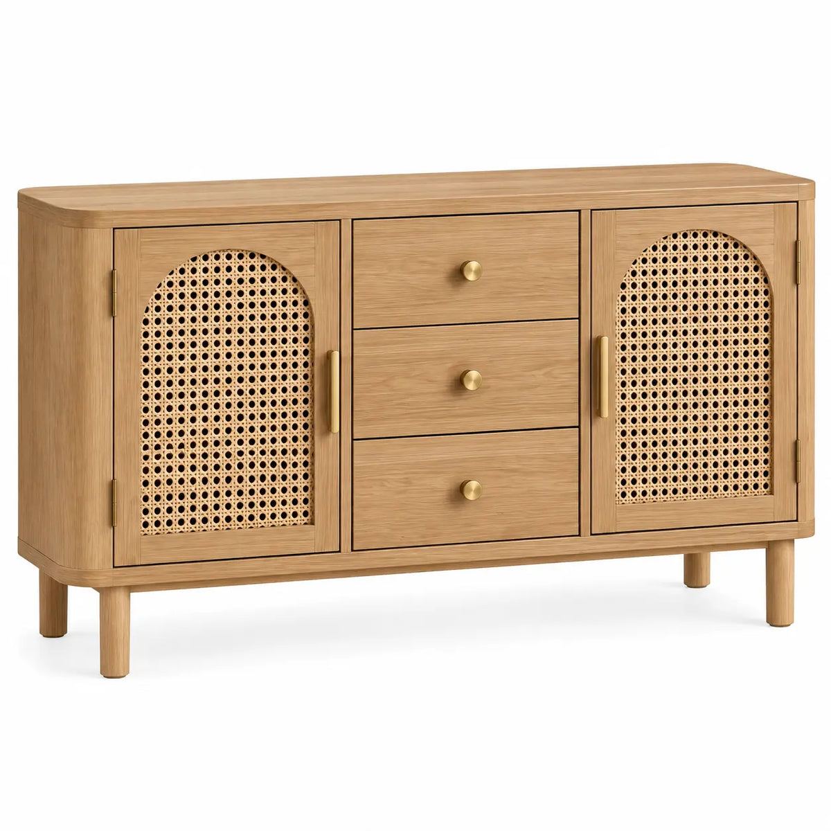 Credenza, due ante intrecciate e tre cassetti centrali, marrone