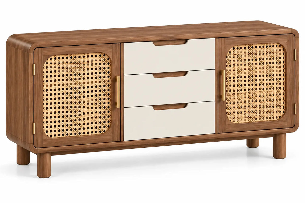 Credenza, ante intrecciate e cassetti con maniglie incassate, marrone/beige