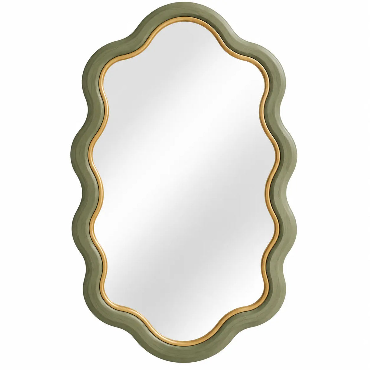 Specchio da parete, cornice dal profilo ondulato, verde/oro