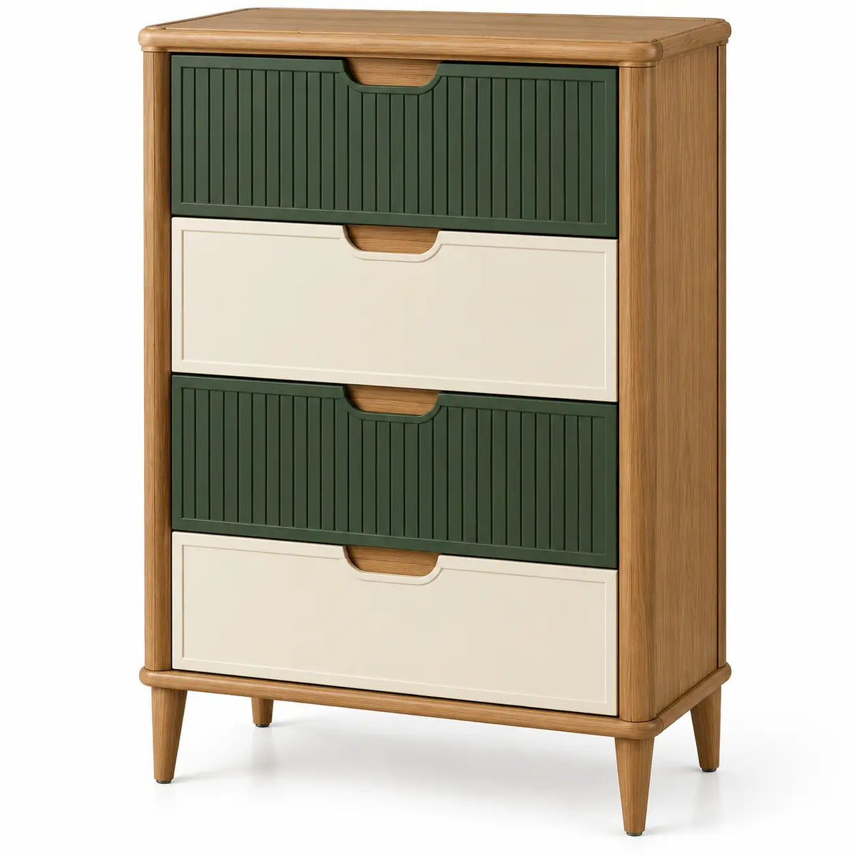Cassettiera, quattro cassetti con frontali a contrasto, marrone/verde/beige