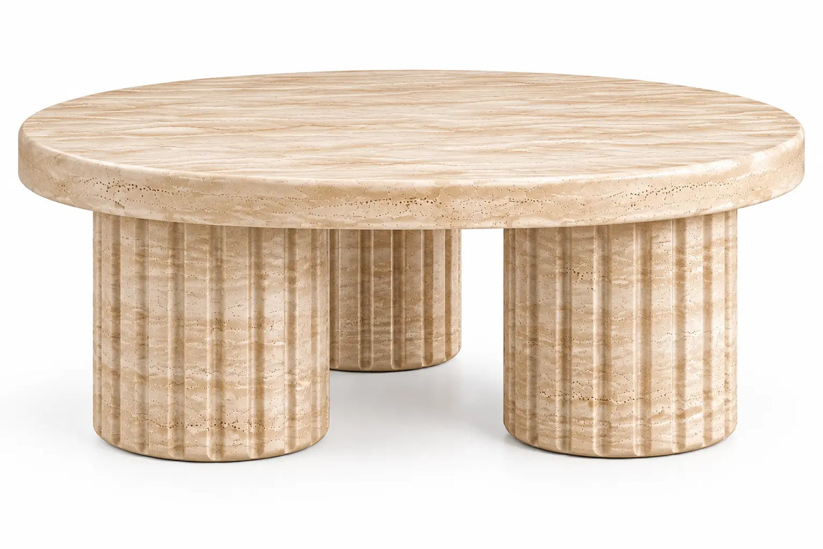 Tavolino da salotto, piano rotondo e tre sostegni scanalati, beige
