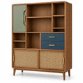 Libreria, vani asimmetrici, cassetti e ante intrecciate, marrone/verde/blu