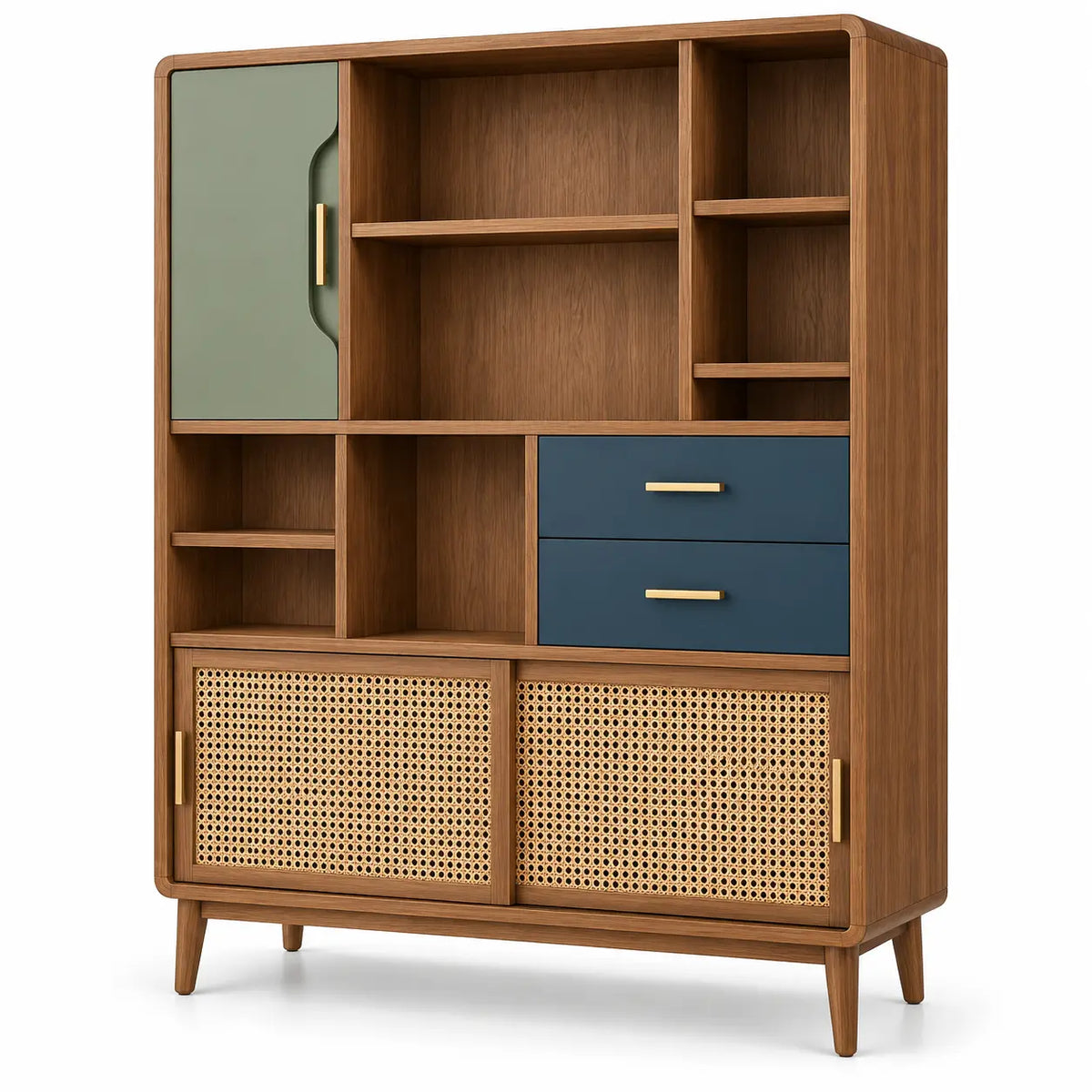 Libreria, vani asimmetrici, cassetti e ante intrecciate, marrone/verde/blu