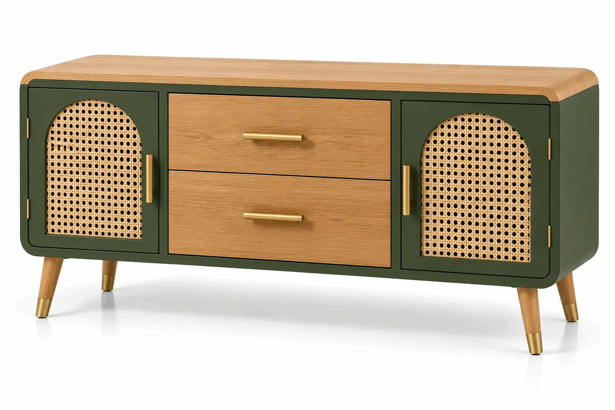 Credenza, ante intrecciate e tre cassetti centrali, verde/marrone