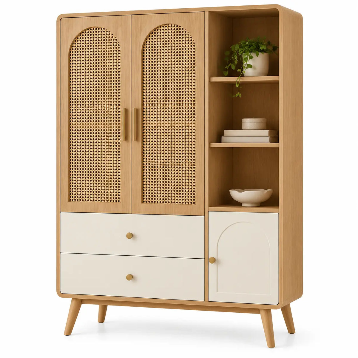 Armadio, due ante intrecciate, cassetti e ripiani laterali, marrone/beige